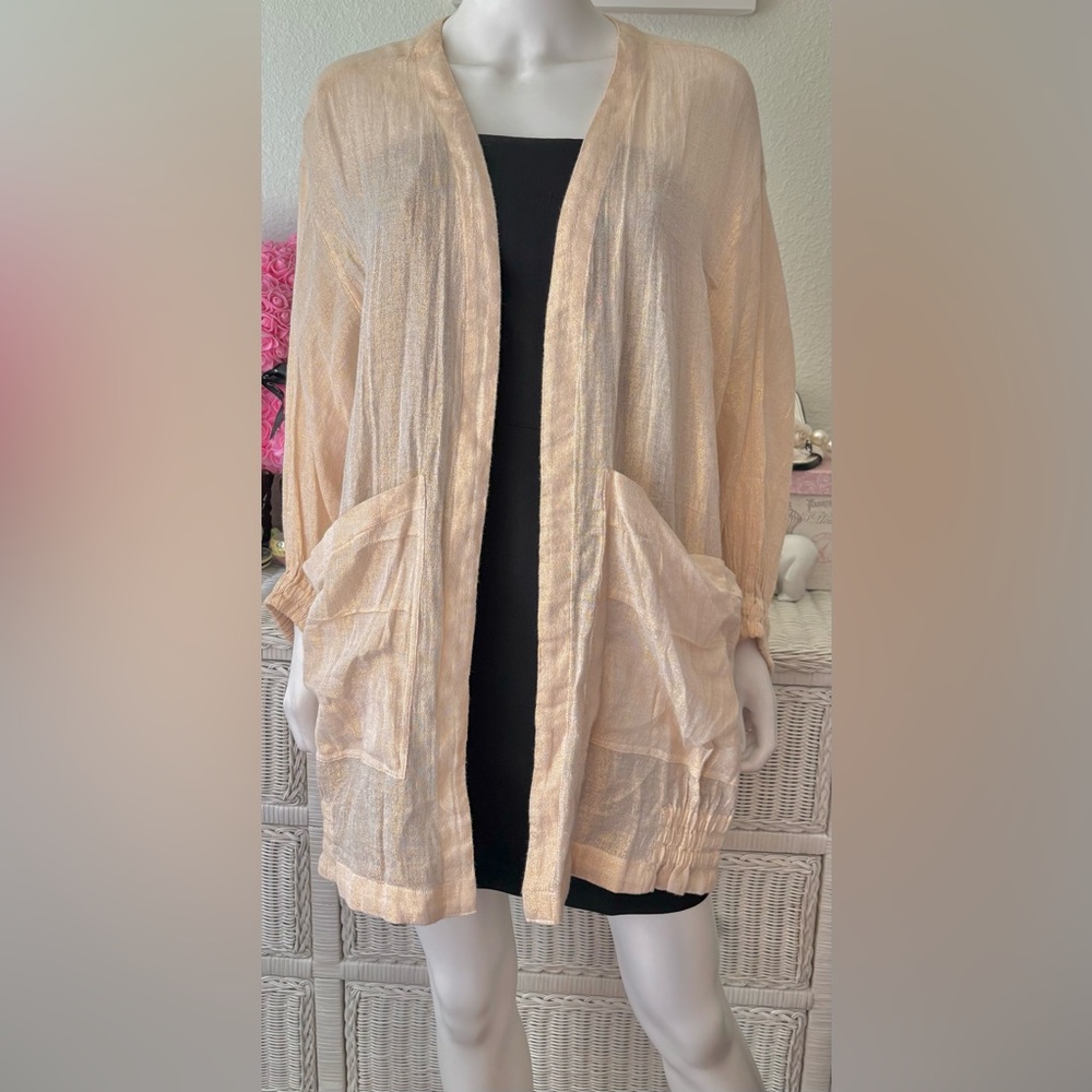 Anthropologie Hei Hei Cardigan glittery open front in pink & gold Size M/L